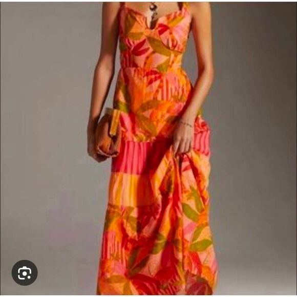 FARM RIO x Anthropologie Glam Tropical Pink Peach Orange Maxi Dress M Medium - Picture 1 of 9
